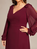 A-Line Plus Size Long Sleeves V-Neck Side Slit Bridesmaid Dress