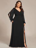 A-Line Plus Size Long Sleeves V-Neck Side Slit Bridesmaid Dress