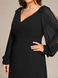 A-Line Plus Size Long Sleeves V-Neck Side Slit Bridesmaid Dress