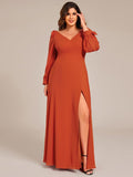 A-Line Plus Size Long Sleeves V-Neck Side Slit Bridesmaid Dress