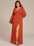 A-Line Plus Size Long Sleeves V-Neck Side Slit Bridesmaid Dress