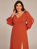 A-Line Plus Size Long Sleeves V-Neck Side Slit Bridesmaid Dress