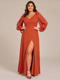 A-Line Plus Size Long Sleeves V-Neck Side Slit Bridesmaid Dress
