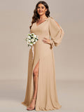 A-Line Plus Size Long Sleeves V-Neck Side Slit Bridesmaid Dress