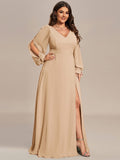 A-Line Plus Size Long Sleeves V-Neck Side Slit Bridesmaid Dress