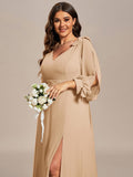 A-Line Plus Size Long Sleeves V-Neck Side Slit Bridesmaid Dress