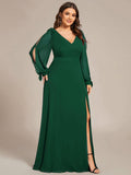 A-Line Plus Size Long Sleeves V-Neck Side Slit Bridesmaid Dress