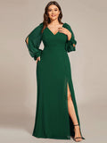 A-Line Plus Size Long Sleeves V-Neck Side Slit Bridesmaid Dress