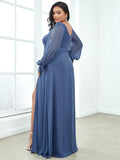 A-Line Plus Size Long Sleeves V-Neck Side Slit Bridesmaid Dress