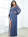 A-Line Plus Size Long Sleeves V-Neck Side Slit Bridesmaid Dress