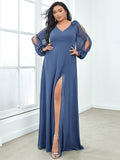 A-Line Plus Size Long Sleeves V-Neck Side Slit Bridesmaid Dress