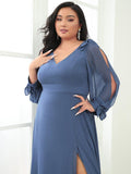 A-Line Plus Size Long Sleeves V-Neck Side Slit Bridesmaid Dress