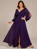 A-Line Plus Size Long Sleeves V-Neck Side Slit Bridesmaid Dress