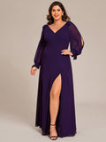 A-Line Plus Size Long Sleeves V-Neck Side Slit Bridesmaid Dress