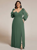 A-Line Plus Size Long Sleeves V-Neck Side Slit Bridesmaid Dress