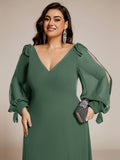 A-Line Plus Size Long Sleeves V-Neck Side Slit Bridesmaid Dress