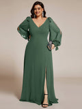 A-Line Plus Size Long Sleeves V-Neck Side Slit Bridesmaid Dress