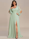 A-Line Plus Size Long Sleeves V-Neck Side Slit Bridesmaid Dress