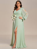 A-Line Plus Size Long Sleeves V-Neck Side Slit Bridesmaid Dress