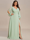 A-Line Plus Size Long Sleeves V-Neck Side Slit Bridesmaid Dress