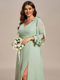 A-Line Plus Size Long Sleeves V-Neck Side Slit Bridesmaid Dress
