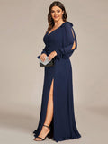 A-Line Plus Size Long Sleeves V-Neck Side Slit Bridesmaid Dress