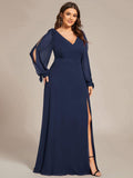 A-Line Plus Size Long Sleeves V-Neck Side Slit Bridesmaid Dress