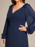 A-Line Plus Size Long Sleeves V-Neck Side Slit Bridesmaid Dress