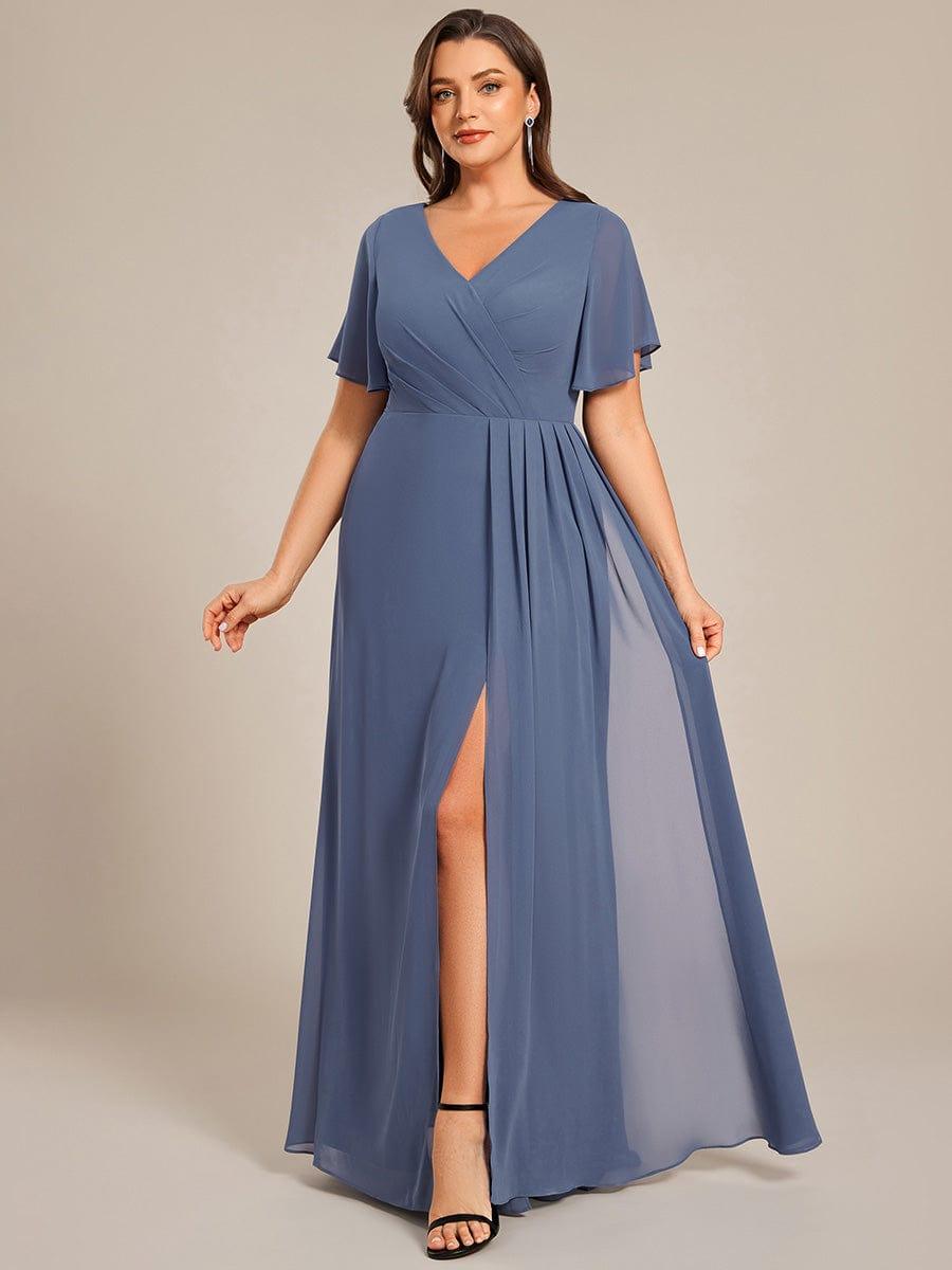 A-Line Short Sleeves V-Neck Empire Waist Chiffon Bridesmaid Dress with Slit