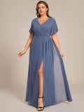A-Line Short Sleeves V-Neck Empire Waist Chiffon Bridesmaid Dress with Slit