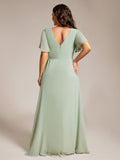 A-Line Short Sleeves V-Neck Empire Waist Chiffon Bridesmaid Dress with Slit