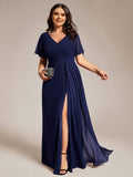 A-Line Short Sleeves V-Neck Empire Waist Chiffon Bridesmaid Dress with Slit