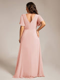 A-Line Short Sleeves V-Neck Empire Waist Chiffon Bridesmaid Dress with Slit