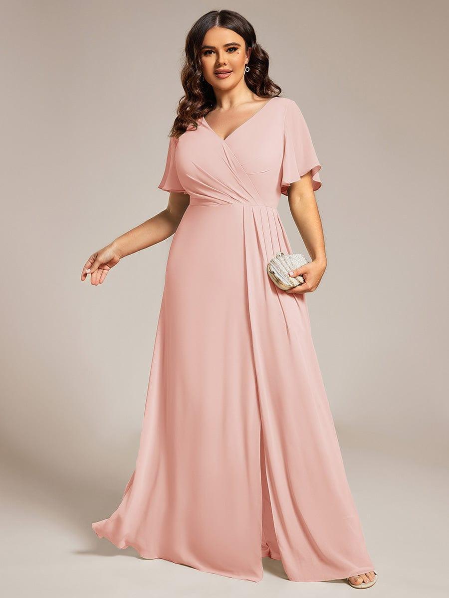A-Line Short Sleeves V-Neck Empire Waist Chiffon Bridesmaid Dress with Slit