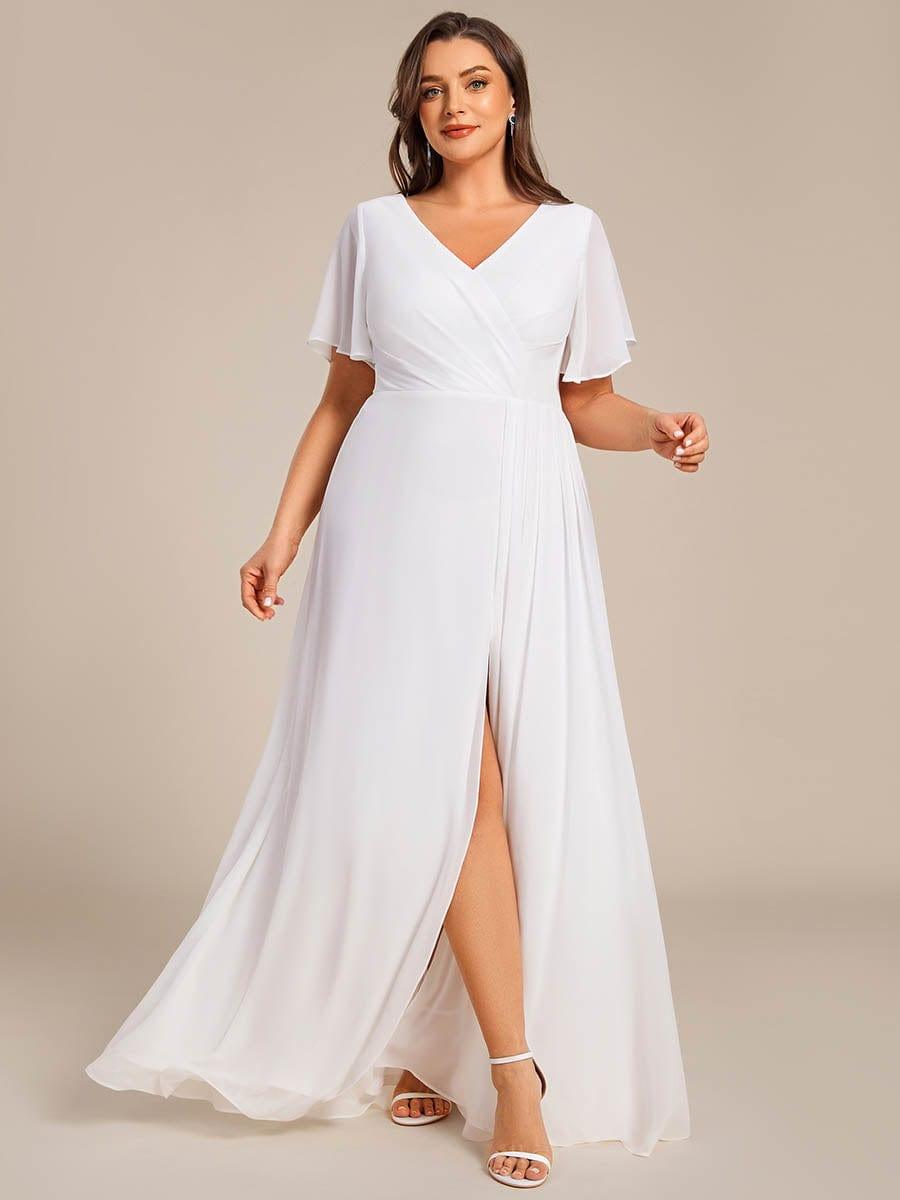 A-Line Short Sleeves V-Neck Empire Waist Chiffon Bridesmaid Dress with Slit
