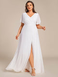 A-Line Short Sleeves V-Neck Empire Waist Chiffon Bridesmaid Dress with Slit