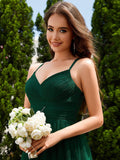 A-Line V-Neck Tulle Spaghetti Straps Sleeveless Bridesmaid Dress