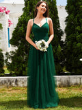 A-Line V-Neck Tulle Spaghetti Straps Sleeveless Bridesmaid Dress
