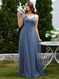 A-Line V-Neck Tulle Spaghetti Straps Sleeveless Bridesmaid Dress