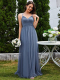 A-Line V-Neck Tulle Spaghetti Straps Sleeveless Bridesmaid Dress