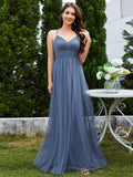 A-Line V-Neck Tulle Spaghetti Straps Sleeveless Bridesmaid Dress