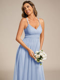 A-Line V-Neck Tulle Spaghetti Straps Sleeveless Bridesmaid Dress