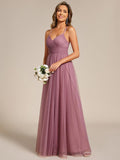 A-Line V-Neck Tulle Spaghetti Straps Sleeveless Bridesmaid Dress