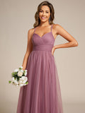 A-Line V-Neck Tulle Spaghetti Straps Sleeveless Bridesmaid Dress