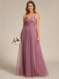 A-Line V-Neck Tulle Spaghetti Straps Sleeveless Bridesmaid Dress
