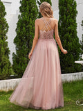 A-Line V-Neck Tulle Spaghetti Straps Sleeveless Bridesmaid Dress