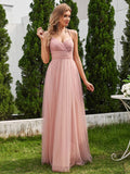 A-Line V-Neck Tulle Spaghetti Straps Sleeveless Bridesmaid Dress