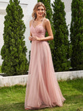A-Line V-Neck Tulle Spaghetti Straps Sleeveless Bridesmaid Dress