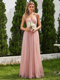 A-Line V-Neck Tulle Spaghetti Straps Sleeveless Bridesmaid Dress