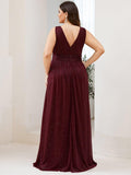 A-Line V-Neck Sleeveelss Floor Length Pleated Sparkly Evening Dresses for Party